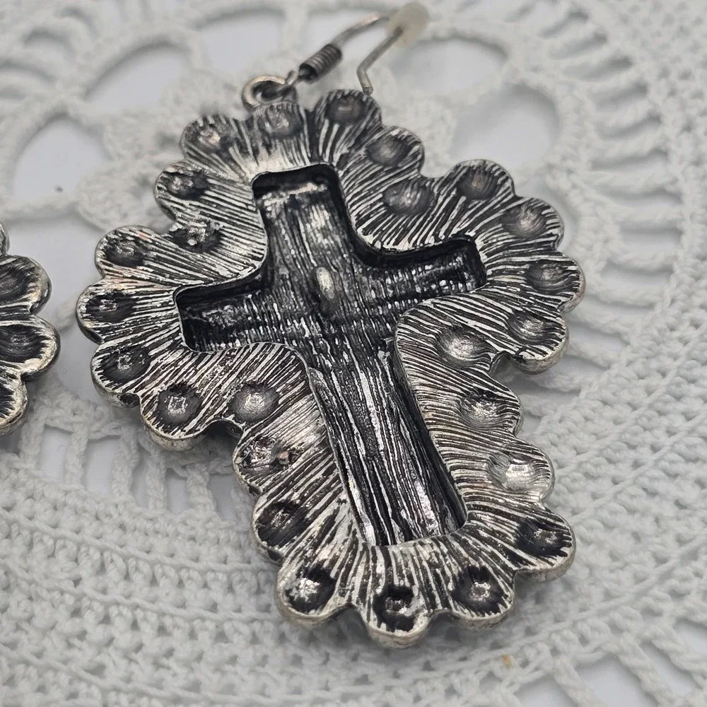Blue Enamel Rose Floral Cross Earrings Rhinestones Silver tone Dangle 2